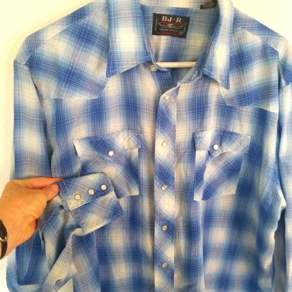 Vintage BJ-R Western Shirt Blue Ombre Plaid Metallic Silver Stripe XL